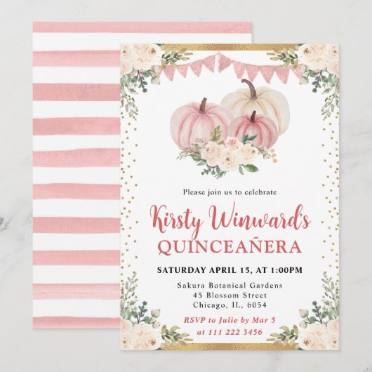 赤面ピンクフローラカボチャ秋キンセアニェラ 招待状 (正面/裏面)