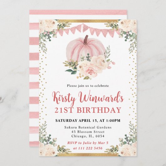 赤面ピンクフローラカボチャ秋21歳 招待状 (正面/裏面)