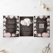 赤面ピンクフローラカボチャQRコードウッド結婚ズ 三つ折り招待状 (内部)