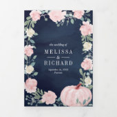 赤面ピンクフローラカボチャQRコードネイビー結婚ズ 三つ折り招待状 (カバー)