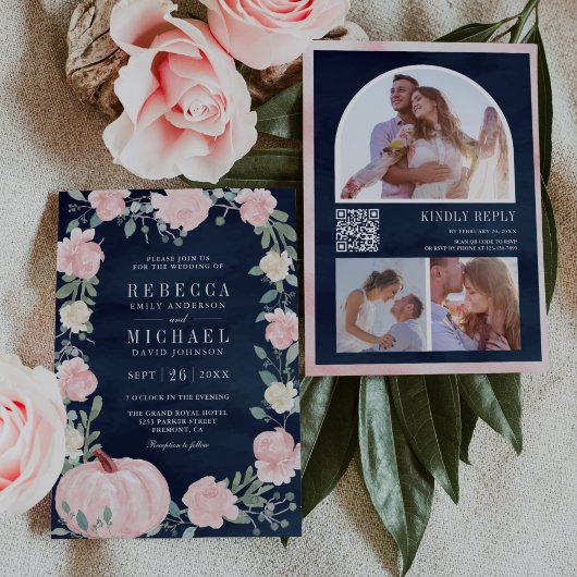 赤面ピンクフローラカボチャQRコードネイビー結婚ズ 招待状