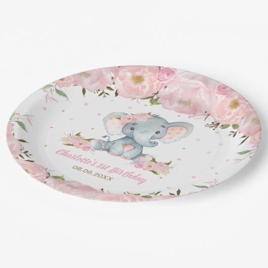 赤面ピンクフローラカワイトエレファント1歳の誕生日パーティー ペーパープレート (アングル)