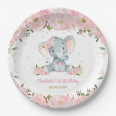 赤面ピンクフローラカワイトエレファント1歳の誕生日パーティー ペーパープレート (正面)