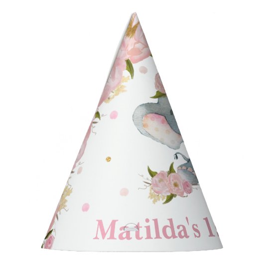赤面ピンクフローラカワイトベビーエレファント1歳の誕生日 パーティーハット (左)