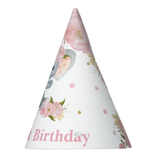 赤面ピンクフローラカワイトベビーエレファント1歳の誕生日 パーティーハット (右)