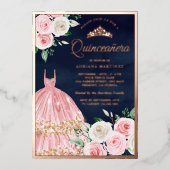 赤面ピンクフローラガウンキンセアニェラネイビーバラ金ゴールド 箔招待状 (正面)