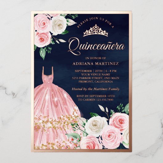 赤面ピンクフローラガウンキンセアニェラネイビーバラ金ゴールド 箔招待状 (正面)