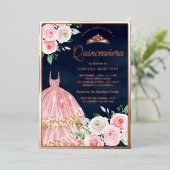 赤面ピンクフローラガウンキンセアニェラネイビーバラ金ゴールド 箔招待状 (立ち正面)