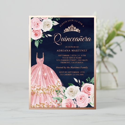 赤面ピンクフローラガウンキンセアニェラネイビーバラ金ゴールド 箔招待状 (立ち正面)