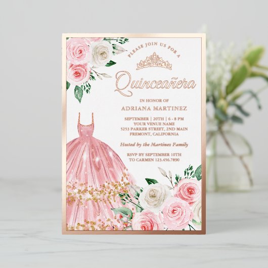 赤面ピンクフローラガウンキンセアニェラバラ金ゴールド 箔招待状 (立ち正面)