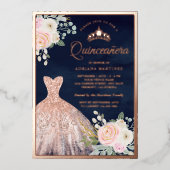 赤面ピンクフローラガウンネイビーキンセアニェラバラ金ゴールド 箔招待状 (正面)