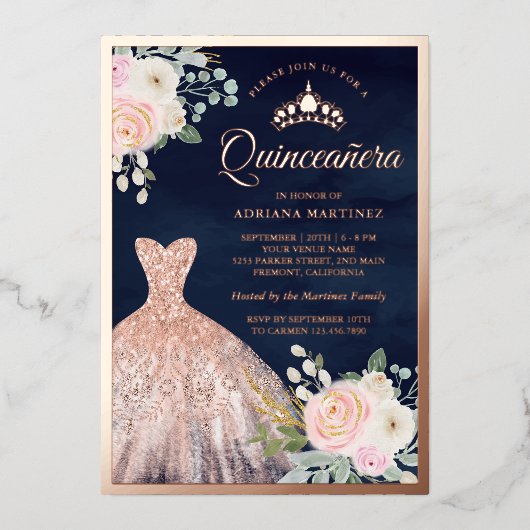 赤面ピンクフローラガウンネイビーキンセアニェラバラ金ゴールド 箔招待状 (正面)