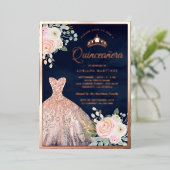 赤面ピンクフローラガウンネイビーキンセアニェラバラ金ゴールド 箔招待状 (立ち正面)