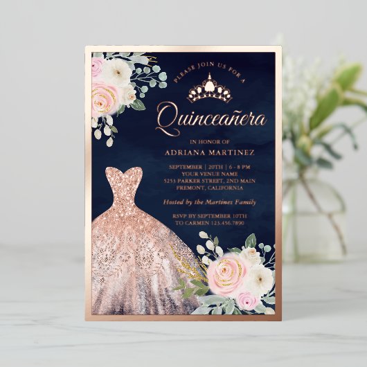 赤面ピンクフローラガウンネイビーキンセアニェラバラ金ゴールド 箔招待状 (立ち正面)