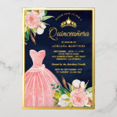 赤面ピンクフローラガウンネイビーブルーキンセアニェラ金ゴールド 箔招待状 (正面)