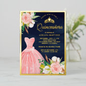 赤面ピンクフローラガウンネイビーブルーキンセアニェラ金ゴールド 箔招待状 (立ち正面)