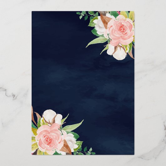 赤面ピンクフローラガウンネイビーブルーキンセアニェラ金ゴールド 箔招待状 (裏面)