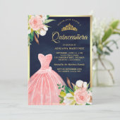 赤面ピンクフローラガウンネイビーブルー金ゴールドキンセアニェラ 招待状 (スタンド正面)
