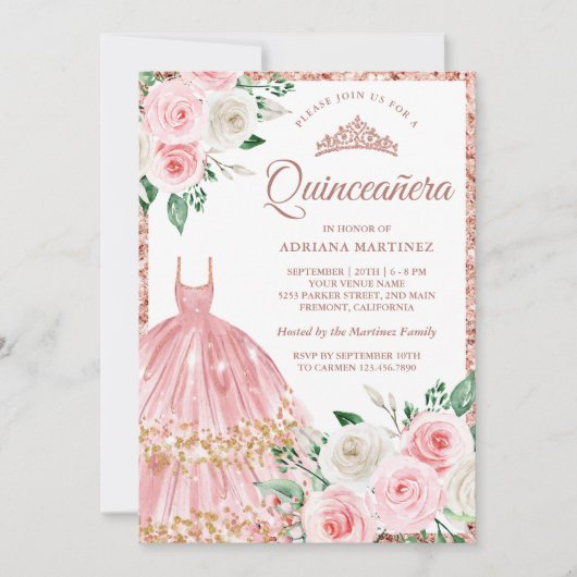赤面ピンクフローラガウンバラ金ゴールドキンセアニェラ 招待状 (正面)