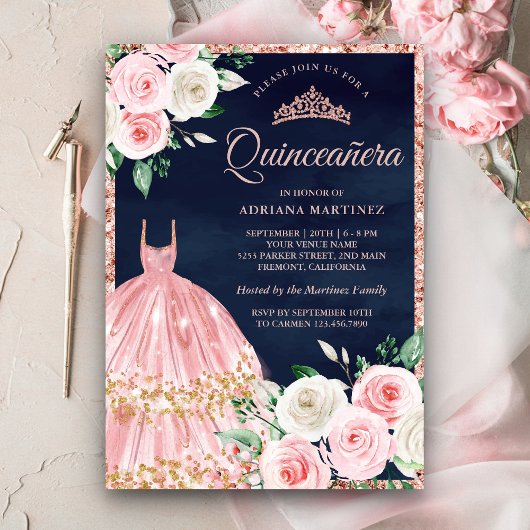 赤面ピンクフローラガウンバラ金ゴールドネイビーキンセアニェラ 招待状