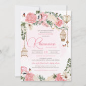 赤面ピンクフローラガーデンエレガントブライダルシャワー 招待状 (正面)