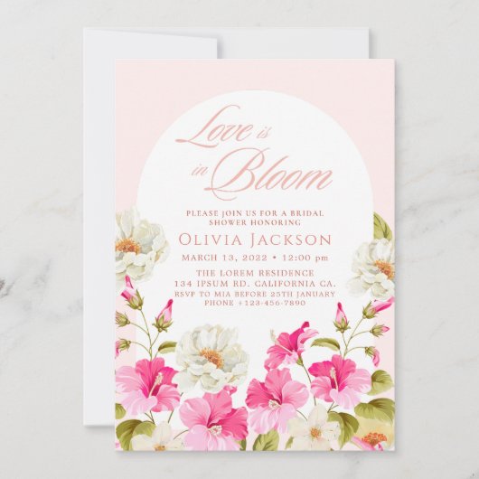 赤面ピンクフローラガーデン花ブライダルシャワー 招待状 (正面)
