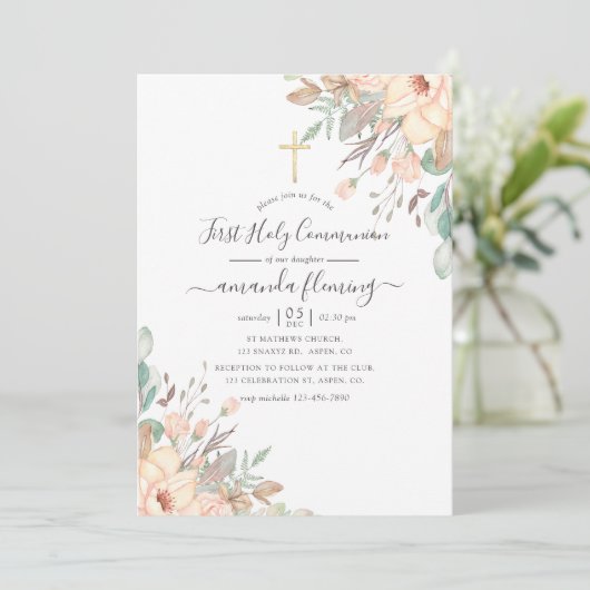 赤面ピンクフローラガールファースト聖餐式 招待状 (スタンド正面)