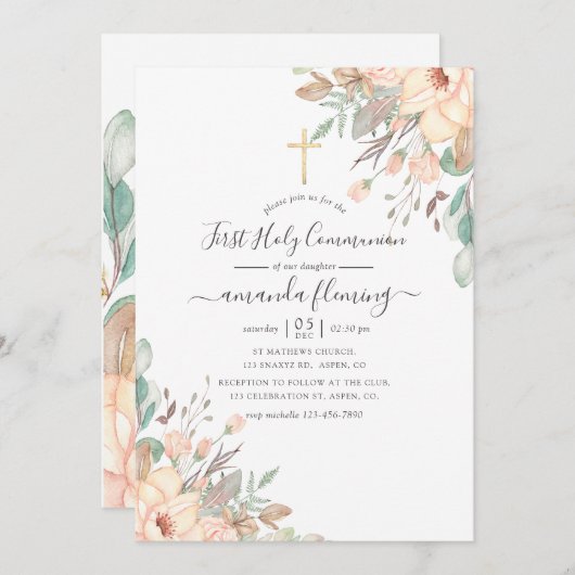 赤面ピンクフローラガールファースト聖餐式 招待状 (正面/裏面)