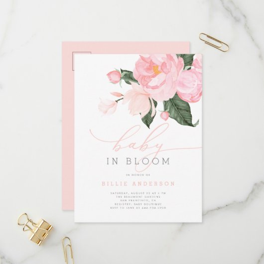 赤面ピンクフローラガールベビーイン開花シャワー インビテーションポストカード (正面/裏面インサイチュ)