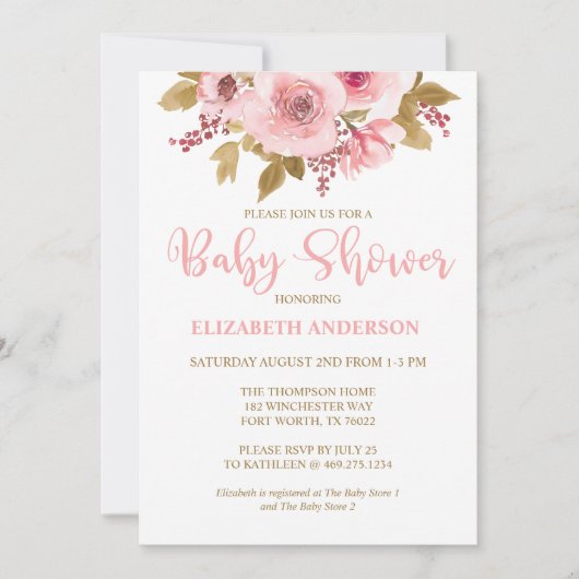 赤面ピンクフローラガールベビーシャワー招待状 招待状 (正面)