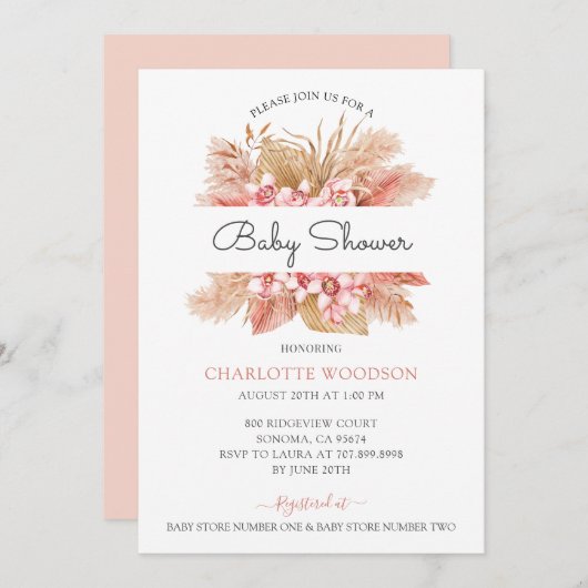 赤面ピンクフローラガールベビーシャワー 招待状 (正面/裏面)