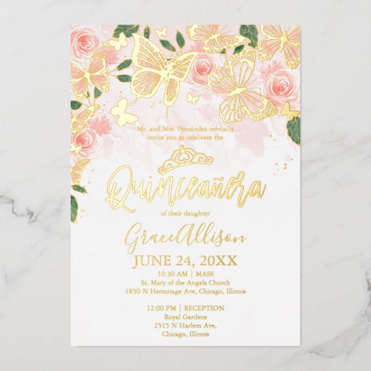 赤面ピンクフローラキンセアニェラ蝶金ゴールド 箔招待状 (正面)