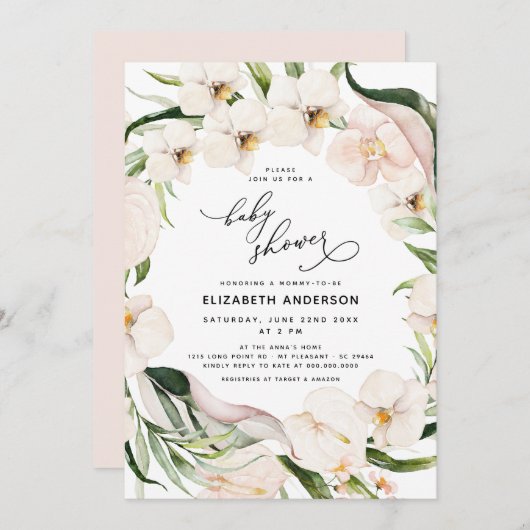 赤面ピンクフローラグリーナリージャングルガールベビーシャワー 招待状 (正面/裏面)