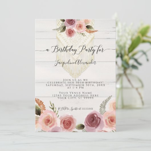 赤面ピンクフローラグリーンマクラム誕生パーティー 招待状 (スタンド正面)