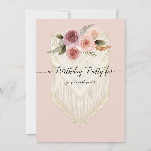 赤面ピンクフローラグリーンマクラム誕生パーティー 招待状 (裏面)