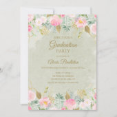 赤面ピンクフローラグリーン金ゴールド卒業パーティー 招待状 (正面)