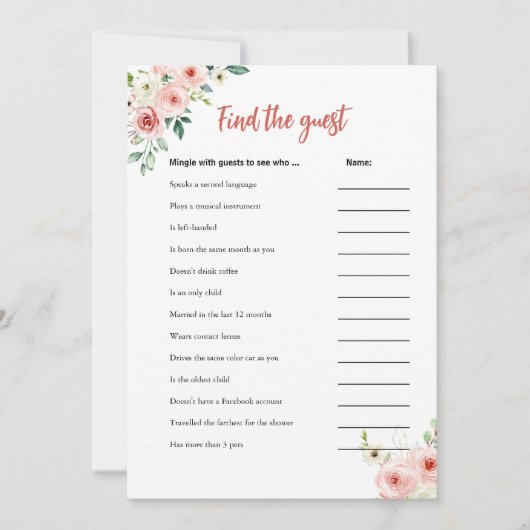 赤面ピンクフローラゲストシャワーゲームカードを見つける 招待状 (正面)
