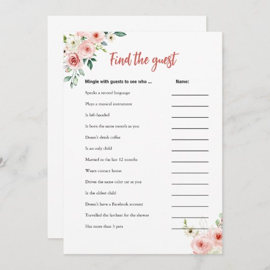 赤面ピンクフローラゲストシャワーゲームカードを見つける 招待状 (正面/裏面)