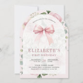赤面ピンクフローラコケットボウアーチファースト誕生日 招待状 (正面)