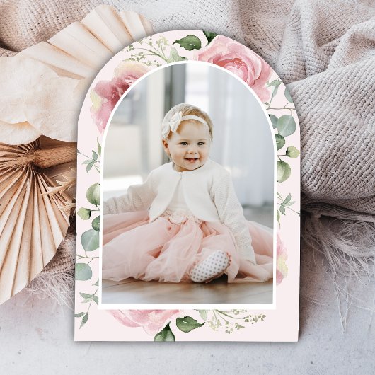 赤面ピンクフローラコケットボウアーチファースト誕生日 招待状