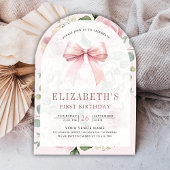 赤面ピンクフローラコケットボウアーチファースト誕生日 招待状