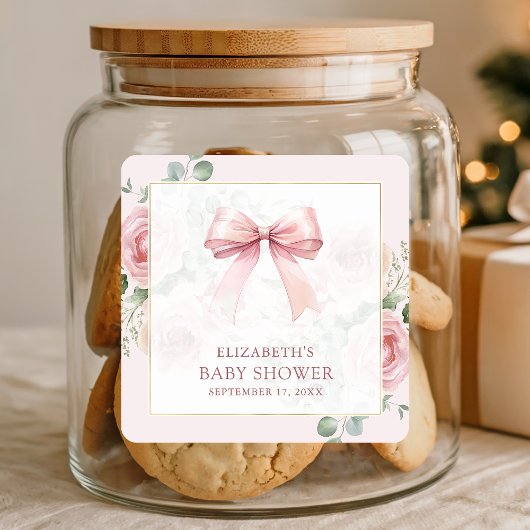 赤面ピンクフローラコケット弓ベビーシャワー スクエアシール