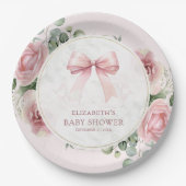赤面ピンクフローラコケット弓ベビーシャワー ペーパープレート (正面)