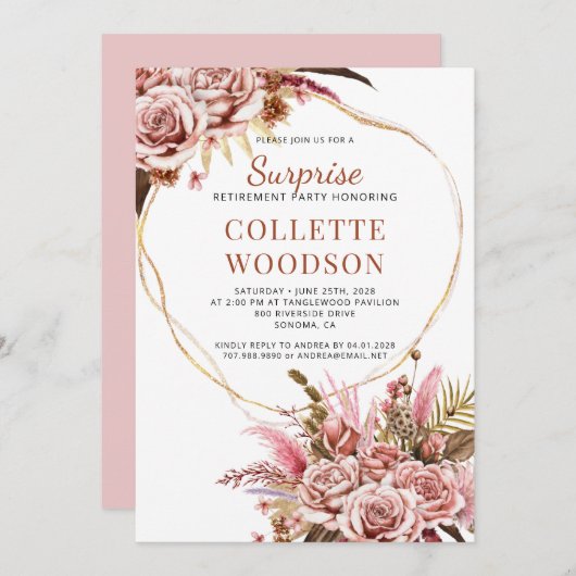 赤面ピンクフローラサプライズ退職パーティー 招待状 (正面/裏面)