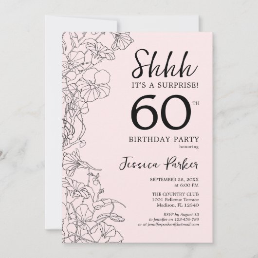 赤面ピンクフローラサプライズ60誕生日 招待状 (正面)