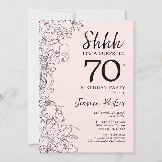 赤面ピンクフローラサプライズ70誕生日 招待状 (正面)