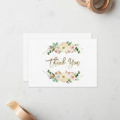 赤面ピンクフローラサンキューカード、緑 ノートカード (正面/裏面インサイチュ)