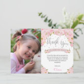 赤面ピンクフローラシルバーグリッター誕生日写真 サンキューカード (スタンド正面)
