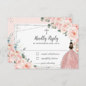 赤面ピンクフローラシルバーバプテスマ《キリスト教》洗礼式や命名式ガール 出欠カード (正面/裏面)