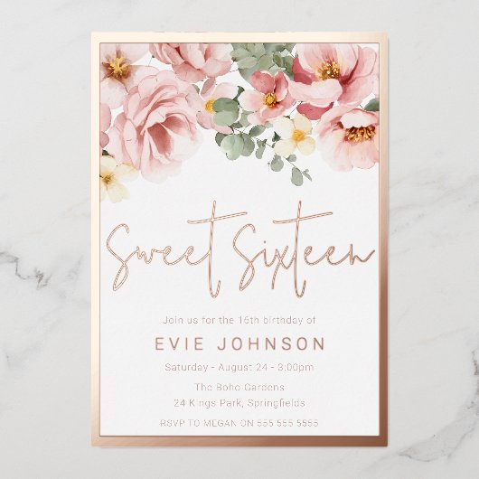 赤面ピンクフローラスウィート16パーティーバラ金ゴールド 箔招待状 (正面)